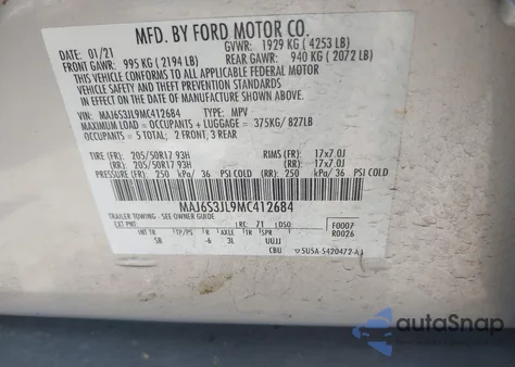 2021 Ford Ecosport Ses z USA, uszkodzony, nr VIN MAJ6S3JL9MC412684